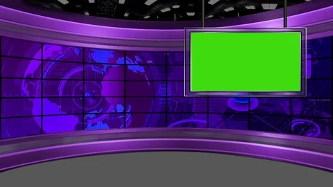 HD News TV Virtual Studio Green Screen purple colour with Globe & Monitor Stock Footage