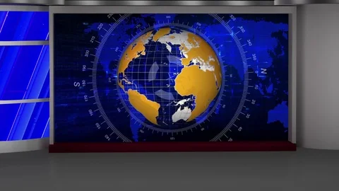 HD News TV Virtual Studio Green Screen Blue Yellow Colour  with Globe Stock Footage 73511295