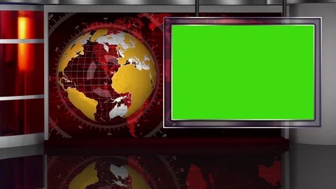 HD News TV Virtual Studio Green Screen Red yellow Colour with Globe &amp; Monitor Stock Footage 73515376