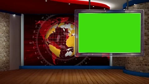 HD News TV Virtual Studio Green Screen Red yellow Colour with Globe &amp; Monitor Vidéo 73522301