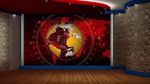 HD News TV Virtual Studio Green Screen Red Yellow Colour with Globe Video stock 73522567