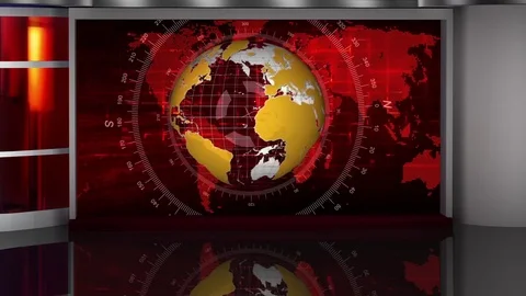 HD News Virtual Studio Green Screen Red Colour with Yellow Globe Stock Footage 73515619