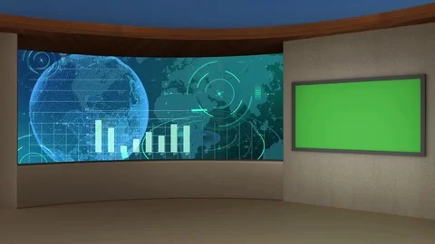 HD News Virtual Studio Green Screen Blue Colour with Globe &amp; Monitor Video stock 73523601