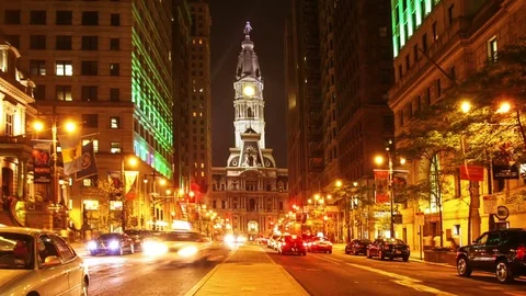 HD night timelaspe of Philadelphia streets - City hall of Philly timelapse Stock Footage