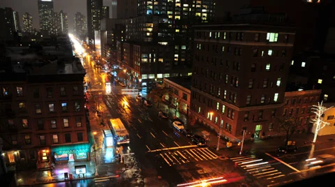 HD - NYC Rainy 10th Ave Night Traffic - TIme Lapse Stock Footage 35005267
