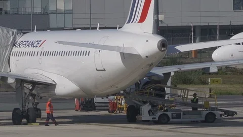 HD Plane unloading baggage sits on runway as plane passes behind	 Stock Footage 120135662