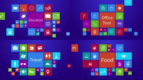 HD screens computer or mobile app of office, education, travel and food icon Stockbeeldmateriaal 61831748