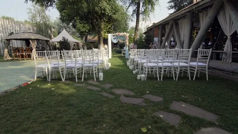 HD Shooting of the decorated yard for wedding ceremony all in white Stock-Footage 94447076