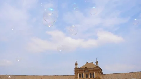 HD. Slow motion. Beautiful image of soap bubbles flying towards the sky Video stock 76976602
