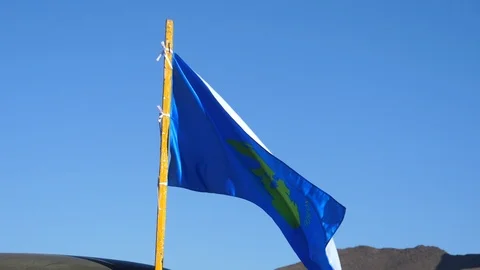 HD, Slow motion. blue flag of the Festival of Eagles in Ulgii, Mongolia Stock Footage 99363399