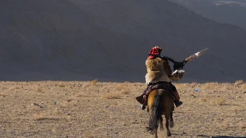 HD, Slow motion. Hunter with an eagle in the steppe of Mongolia Video stock 99363131