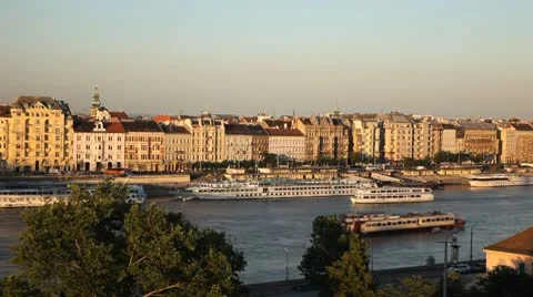 HD Time Lapse Aerial View of Budapest, Danube River, Passing Ships, Boats Stock Footage 8953136