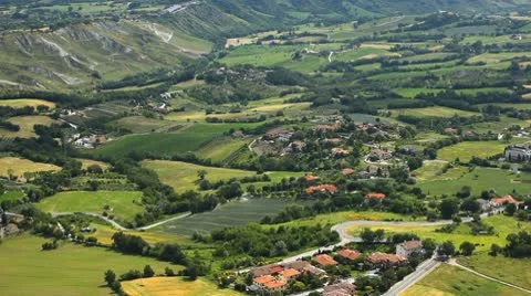 HD Time Lapse Aerial View of San Marino, Beautiful Landscape, Fields, Hills Stock Footage 9794759