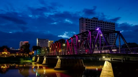 HD Time lapse Iron Bridge day to night  tilt down, Chiang Mai, Thailand Stock Footage 40091823