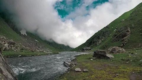 HD time-lapse | Mules, clouds moving in the valley of Green Mountain of Himalaya Stock Footage