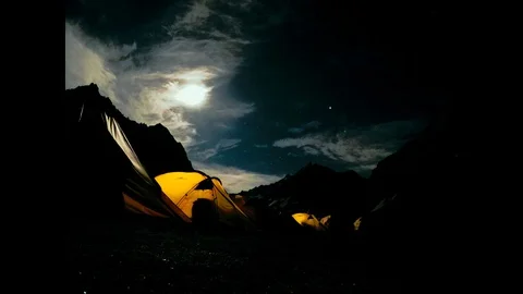 HD time-lapse | Night Sky, Stars, Tents, Clouds, Moon, Himalaya Mountain Valley Stock Footage 116825077