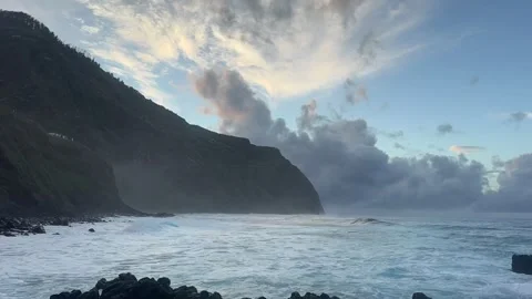 HD Timelapse of Mountains, Ocean Waves and Moving Clouds in Madeira, Portugal Video stock 328649383