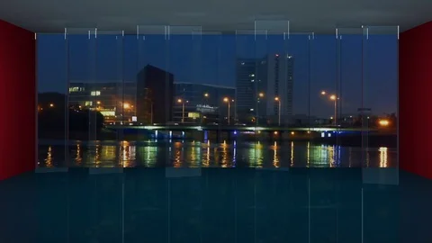 HD TV News Virtual Studio Green Screen Background  Red with Nightcity Stock Footage 73437165