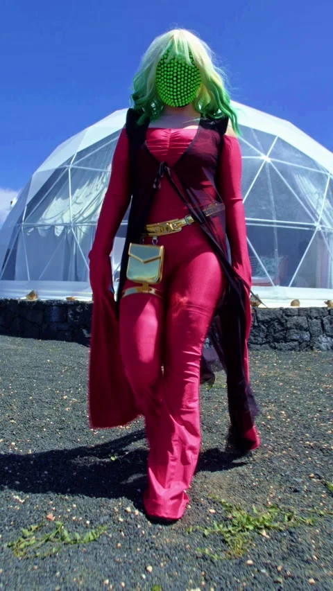 HD Vertical Shots of Cyber Princess in Dessert with Futuristic House Dome Stock-Footage 321403553