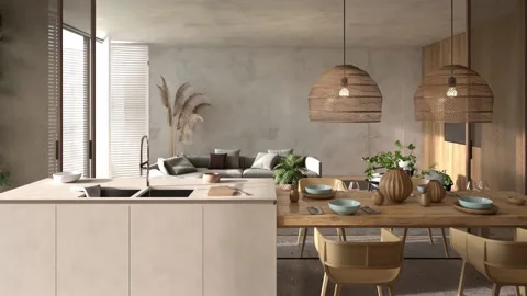 HD video Boho scandinavian interior design living room with kitchen, island and Stock Footage 170494260