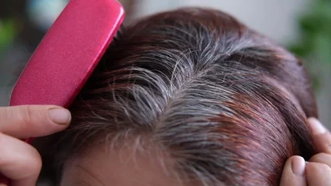 HD video. Gray hair on the head of a mature woman. Long gray hair. Stock Footage 278145341