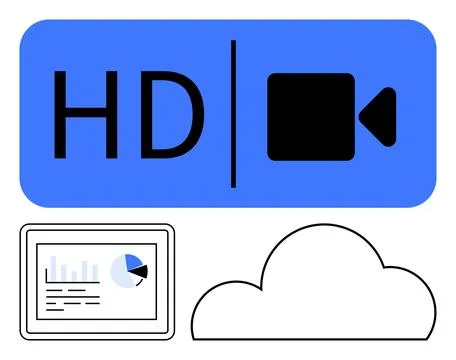 HD video icon, tablet displaying analytics graph, cloud storage icon. Ideal f Stock Illustration