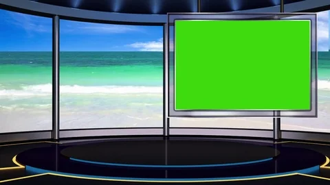 HD Virtual TV Studio Green Screen Beach with monitor Stock Footage 73521998