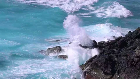 HD Waves hitting volcanic rocks, Lanzarote, Canary Islands. Slow motion Stock Footage 168346383