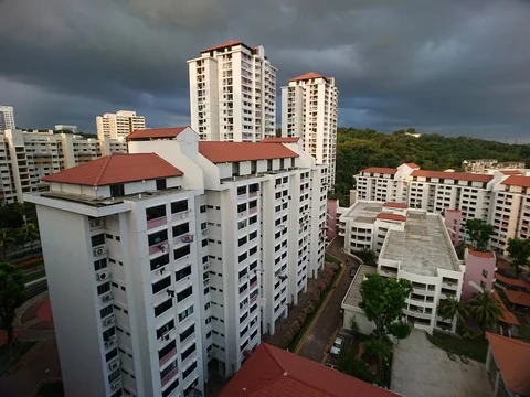 HDB flats high angle pan tilt evening dark clouds timelapse Stock Footage 127268202