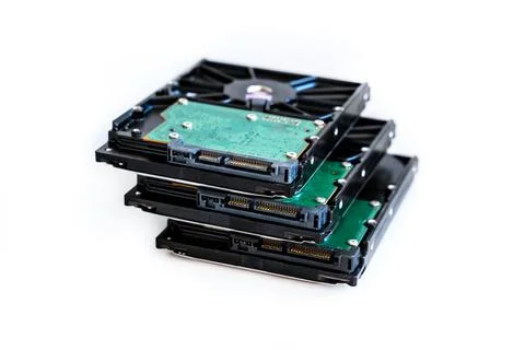 Hdd disk with green microchip data storage, database creation Stock Photos