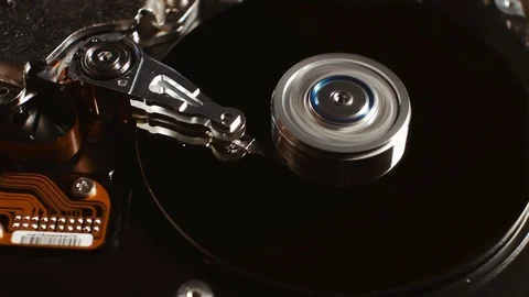 HDD failure. The internal structure of the hard disk on dark background. Stock Footage 80116409