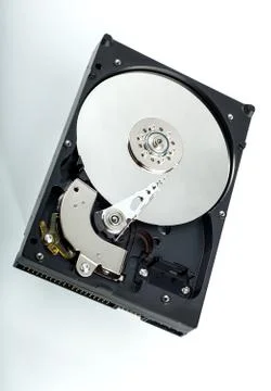 HDD Hard disk drive, opened silver platter Stock Photos