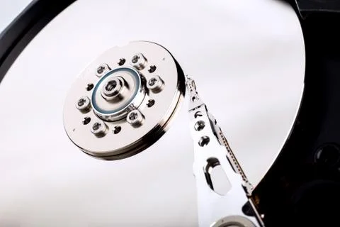 HDD Hard disk drive opened silver platter Stock Photos