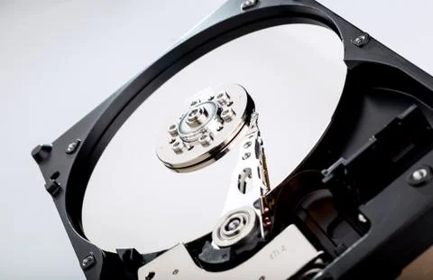 HDD Hard disk drive opened silver platter Stock Photos