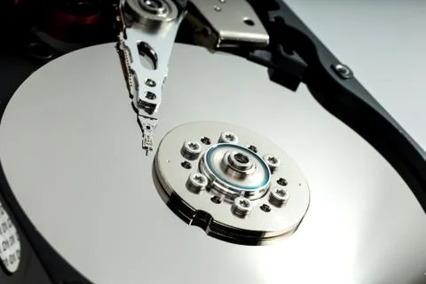 HDD Hard disk drive opened silver platter Stock Photos