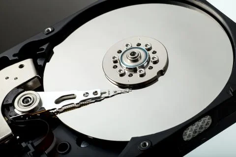 HDD Hard disk drive opened silver platter Stock Photos