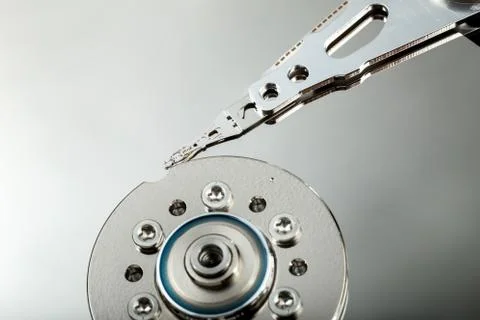 HDD Hard disk drive opened silver platter Stock Photos