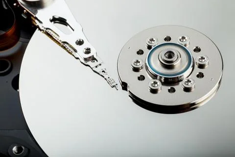 HDD Hard disk drive opened silver platter Stock Photos