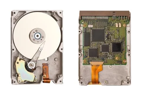 Hdd isolated on white background. Two sides of the hard disk. Computer chips. Stock Photos
