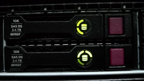 HDD SATA. Front panel of the server installed in the operator's equipment room. Stock Footage 199753746