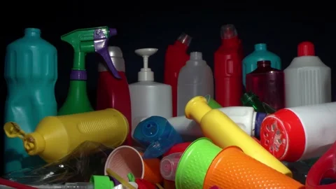 HDPE High-density polyethylene plastic jugs. Plastic Laundry Detergent Jugs Stock Footage 218100494