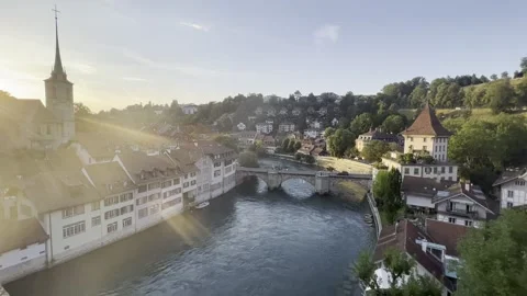 HDR Bern bridge view wide angle, river and church Stock Footage 255301855