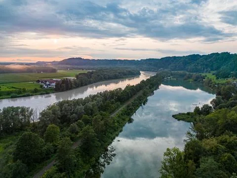 HDR Drone shot of river and lake with railway in between in the sunset 3 스톡 사진
