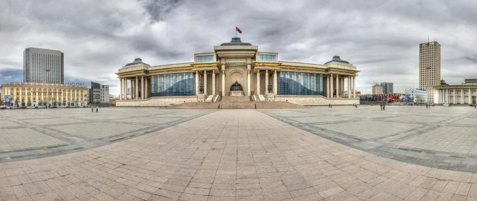 HDR panorama picture of Sukhbaatar Square and Parliament building Stock Photos