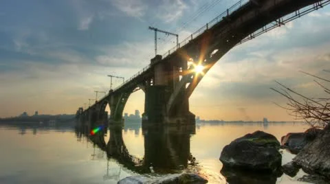 Hdr time lapse railway bridge at sunset Stock Footage 10888718