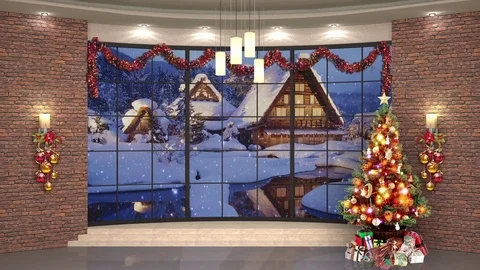 HDTV Christmas TV Virtual Studio Green Screen Background Bricks Xmas Tree Snow Stock Footage 80749133