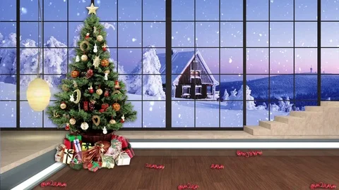 HDTV Christmas Virtual Studio Green Screen Background Xmas Tree Gifts Snow Video stock 80745554