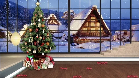 HDTV Christmas Virtual Studio Green Screen Background Xmas Tree Gifts Snow Stock Footage 80745788