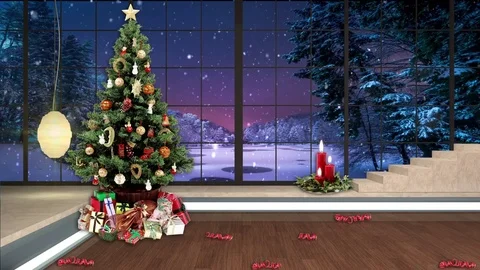 HDTV Christmas Virtual Studio Green Screen Background Xmas Tree Gifts Snow Video stock 80746121