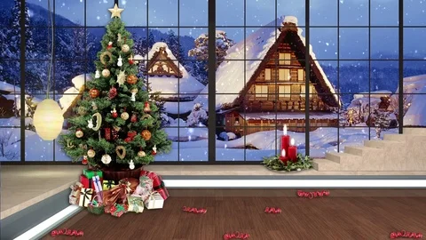 HDTV Christmas Virtual Studio Green Screen Background Xmas Tree Gifts Snow Video stock 80746925